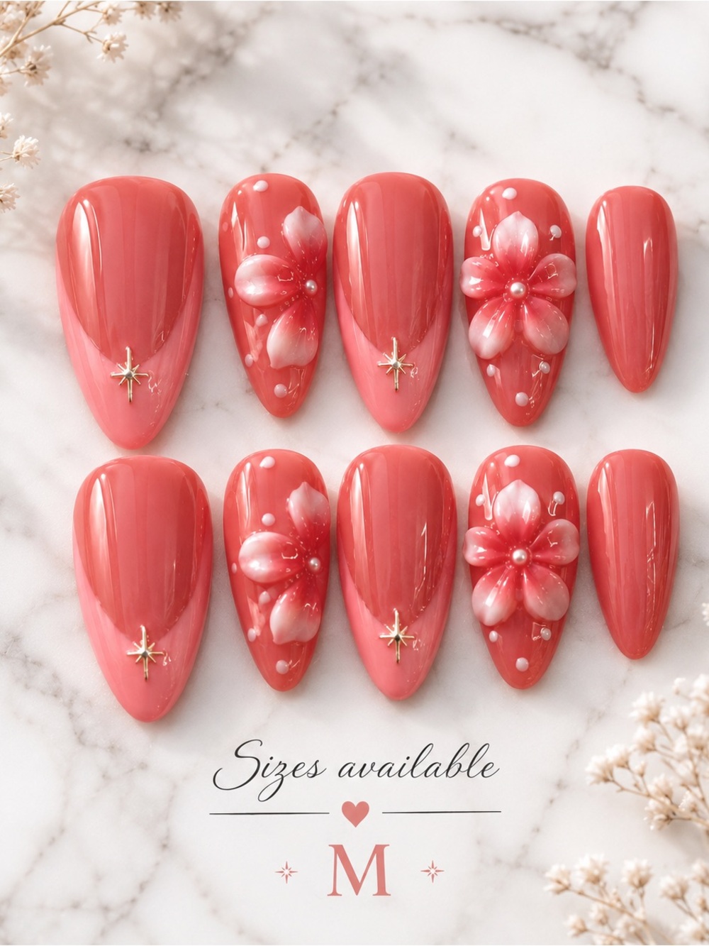 Coral Pink Floral Press-On Nails 🌸💗